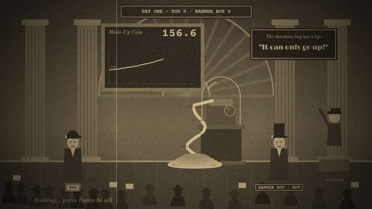 A real frame from the game: a sepia Art Deco exchange hall, a chalkboard price chart, a ticker machine under a glass dome spilling tape, and a card reading The shoeshine boy has a tip: It can only go up!